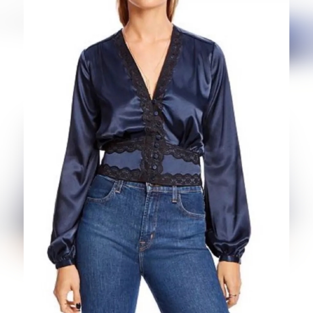 LINI Women's XS Audrey Blue Silky Satin Lace Trim Crop Long Sleeve Blouse New